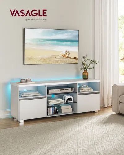 VASAGLE Lowboard Fernsehtisch mit LED-Beleuchtung - Stylisches Lowboard für Ihr Wohnzimmer, 160 cm lang mit 2 Schränken und stimmungsvoller LED-Beleuchtung. Perfekt für einen modernen Look und praktische Nutzung.