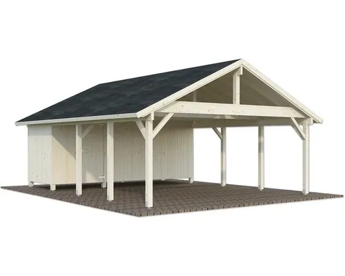 Doppelcarport Palmako Robert 40,6 m² mit Geräteraum - Robuster Doppelcarport mit Satteldach und praktischem Geräteraum, ideal für die Unterbringung von Fahrzeugen und Gartenutensilien.