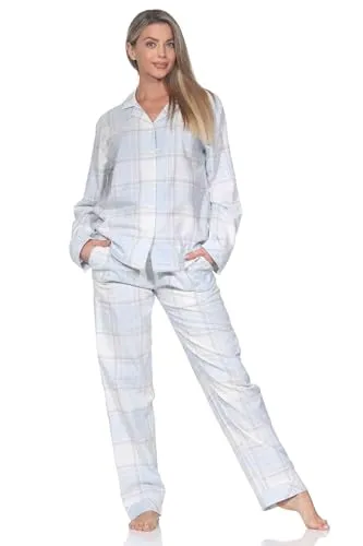 Normann Damen Flanell Schlafanzug lang, hellblau, Größe 44-46 - Kuscheliger Flanell Schlafanzug in klassischem Stil mit Hemdkragen und Knopfleiste. Ideal für gemütliche Nächte oder als bequeme Homewear. Pflegeleicht aus atmungsaktiver Baumwolle, 40 Grad waschbar.