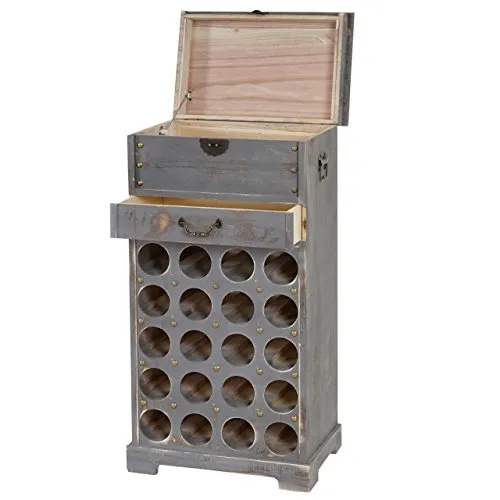 BERLINLODGE Weinregal mit Schublade und Truhe Flaschenregal für 20 Flaschen HxBxT 94x48x31cm Shabby-Look, Vintage Grau Küche Esszimmer Keller Wohnzimmer Flur Büro Deko rustikal Weinschrank Weinständer