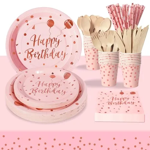 PYAILI Happy Birthday Pink Roségold Party Teller Set 24 Gästes
