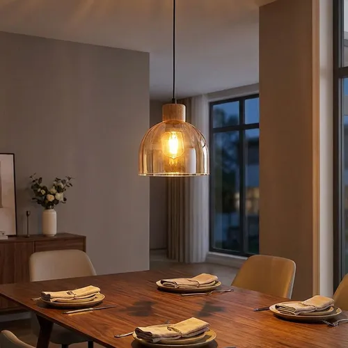 GLOBO LIGHTING Pendelleuchte Metall schwarz matt - Moderne Pendelleuchte mit elegantem Materialmix aus Metall, Holz und amberfarbenem Glas. Ideal für stilvolle Lichtakzente über Tischen oder Theken. Höhe individuell anpassbar und E27-Fassung für individuelle Lichtwahl.
