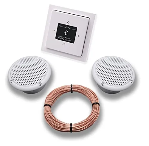 Busch Jäger DAB+ Bluetooth Unterputz Unterputzradio DAB BT 8217 U – 101 studioweiß Komplettset Future Linear, 2 x Deckenlautsprecher Feuchtraum Badezimmer + 20 m Lautsprecherkabel 2x0,75 mm² 8217U-101