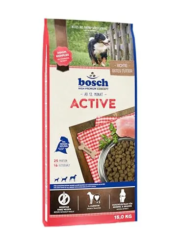 bosch HPC Active Hundetrockenfutter 15 kg - Weizenfrei, zuckerfrei mit 25% frischem Geflügel, unterstützt Gelenke und Immunsystem für aktive Hunde