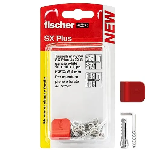 Fischer 10 Haken zum Aufhängen von Bildern weiß mit 4 mm Dübeln und Befestigungsclips, saubere Montage an der Wand für schwere Bilderrahmen, 567557