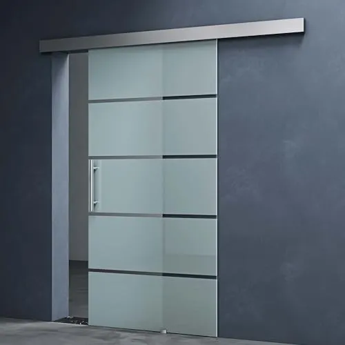 Mai & Mai Glasschiebetür Amalfi - 90x205 cm mit Milchglas-Streifen - Schiebetür Amalfi aus 8mm ESG-Sicherheitsglas, ideal für elegante Raumtrennungen. Sanftes Öffnen und Schließen dank Edelstahlrollen und hochwertigem Stangengriff.