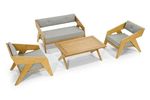 Designer Gartenmöbel Garnitur - Hellbraune Sitzbank mit 2 Holz Sesseln - Loungemöbel & Sitzgruppen, stilvolle und moderne Garnitur aus Holz mit komfortablen Arm- und Rückenlehnen, ideal für entspannte Stunden im Garten.