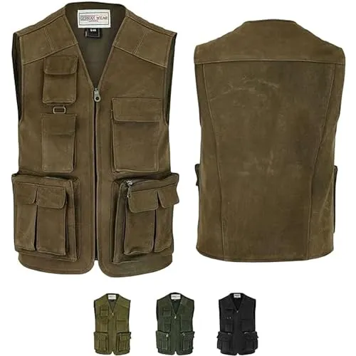 German Wear Herren Jagd Lederweste - Multifunktionsweste in Dunkelbraun - Vielseitige Jagdweste aus weichem Nubuckleder mit 9 praktischen Taschen. Ideal für Outdoor-Aktivitäten, bietet sie ausreichend Stauraum und angenehmen Tragekomfort.