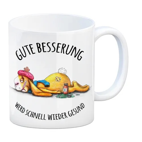 Kaffeebecher mit Hase Motiv und Spruch: Gute Besserung, werd schnell wieder ...