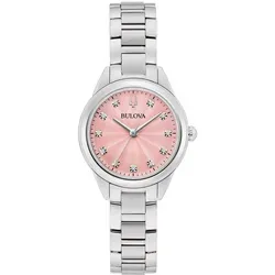 Bulova 96P249 Damenuhr Sutton 28mm - Silber/Magenta - Modische Damenuhr aus Edelstahl mit pinkfarbenem Zifferblatt und diamantbesetzten Indizes, wasserdicht bis 3 ATM für täglichen Gebrauch.