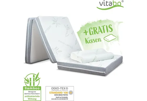 Klappmatratze SUKIA mit Kopfkissen - 195x70x10cm - Bambusbezug, Vitabo, 10 cm hoch