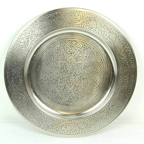 Casa Moro Marokkanisches ServiertablettØ 40cm rund aus Metall in Silber, Orientalisches Teetablett Kunsthandwerk aus Marrakesch, Ostern Muttertag Tablett Tisch-Deko, Hoyam TBB407S