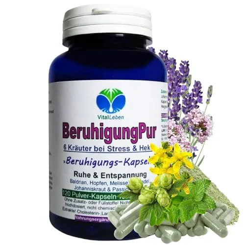 BERUHIGUNG, ENTPANNUNG 120 Kapseln PFLANZLICHES Beruhigungsmittel mit Baldrian Hopfen Melisse Lavendel Johanniskraut Passionsblume. Natürliche BERUHIGUNGSKAPSELN. OHNE ZUSATZSTOFFE. 26720-120