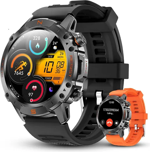 WalkerFit Militär Smartwatch Herren 1.43'' AMOLED, 60 Tage Akku, 170+ Sportmodi, Bluetooth Anrufe, 3ATM wasserdicht, Kompass