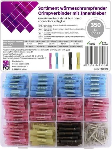 TRU COMPONENTS T25C048 Stoßverbinder mit Schrumpfschlauch - Vollisoliertes Stoßverbinder-Set für Kabelreparaturen und -verbindungen, wasserfeste Abdichtung durch Schmelzkleber, ideal für Bastler und Handwerker, 350 Stück in verschiedenen Farben.