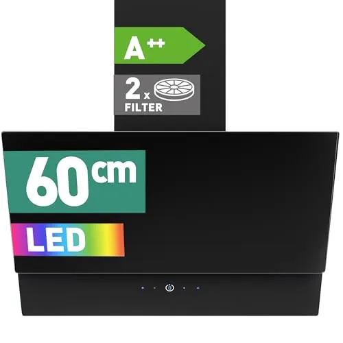 HEINRICHS Dunstabzugshaube, 60cm Abluft/Umluft-Dunstabzugshaube, 560m³/h Saugkraft, mit LED-Ambientebeleuchtung, platzsparend, 3 Geschwindigkeitsstufen, inkl. Aktivkohlefilter, 75W Leistung, Schwarz