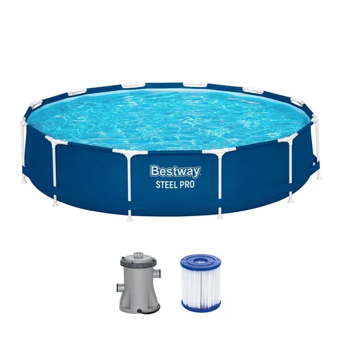 Bestway® Steel Pro™ Frame Pool Set Ø 366 x 76 cm, rund, dunkelblau - Swimmingpool mit korrosionsbeständigem Stahlrahmen und 3-lagigem DuraPlus™-Material für extreme Langlebigkeit. Inkl. Filterpumpe für kristallklares Wasser und einfacher Auf- und Abbau ohne Werkzeug.