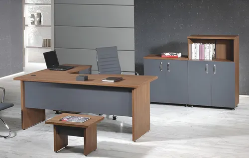 Gruppe Büro Eckbürotisch 4tlg Holz Grau – Stilvolles Arbeitszimmermöbel - Moderne Büromöbelgarnitur mit Eckschreibtisch, Couchtisch und Schrank. Robuste Holzqualität, ideal für effizientes Arbeiten und ansprechendes Design im Büro. Maße: 160 x 150 x 75 cm.
