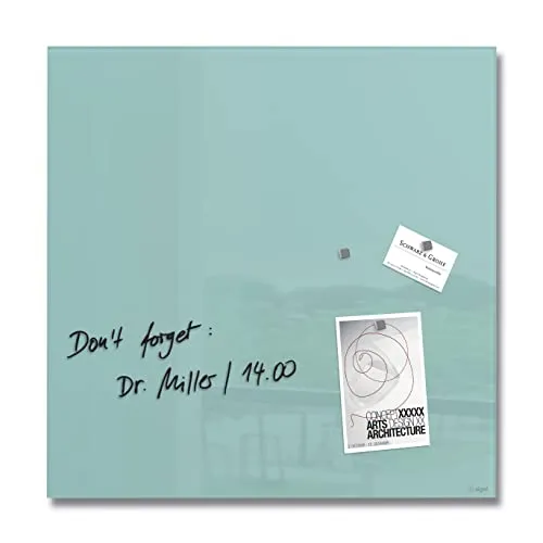 SIGEL Glas-Magnettafel artverum® 48x48 cm aquamarin – Elegante Notizen - Memotafel magnetisch – stilvolle Glasoberfläche für Büro und Zuhause, ideal zum Festhalten von Ideen mit Kreidemarkern, inklusive Montagematerial für einfache Anbringung.