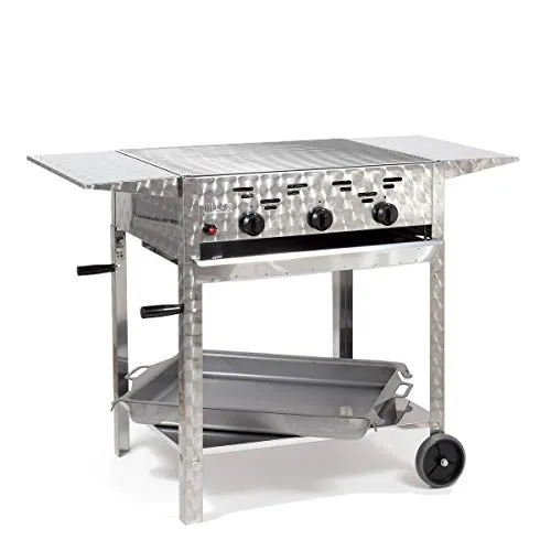 Gasgrill-Kombibräter 11kW 3-flammiger Edelstahl-Brenner fahrbar mit Grillrost, Stahlpfanne und Abstellplatten Gastrobräter Profigrill Verein