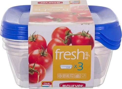 Curver zestaw pojemników kwadratowych fresh&go 3x0,8l /niebieski/ transparentny