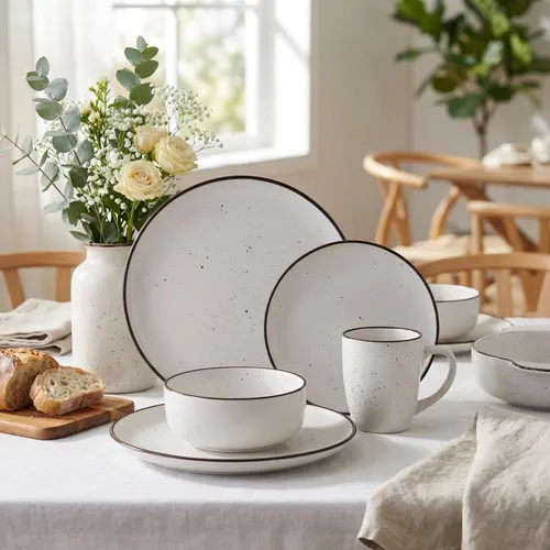 tlg. Kombiservice Tafelservice + 6 Bechern grau mit Punkte Design Geschirrset Tafelset Geschirr 6 Personen Essservice Tellerset 24tlg. 24