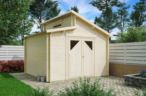 Fjordholz Gartenhaus Modell Varianta 44 D - Hochwertiges Gartenhaus mit 44 mm starken Wänden aus nordischer Fichte. Extra hohe Doppeltür und individuelle Designoptionen bieten Flexibilität und Komfort für Ihren Garten.
