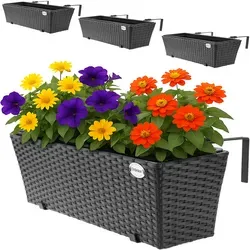 Casaria Blumenkasten 4er Set - 11 Liter Geländerkasten in Schwarz - Blumenkästen für Indoor und Outdoor, mit Montagehalterung, ideal für Balkone und Terrassen, aus robustem Metall und Kunststoff.