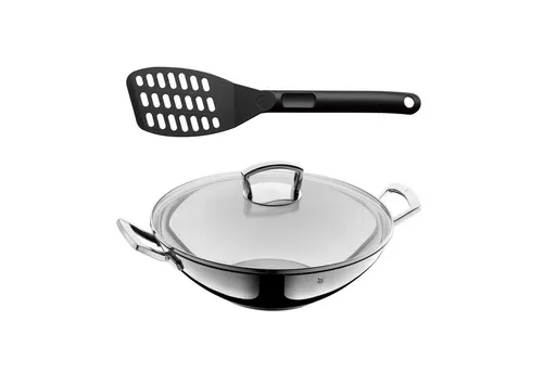 WMF 2-teiliges Wok Set mit Glasdeckel 36 cm - Wokpfanne aus Cromargan Edelstahl, spülmaschinengeeignet und ideal für alle Herdarten, auch Induktion. Inklusive hitzebeständigem Pfannenwender mit cleverer Ablagefunktion.
