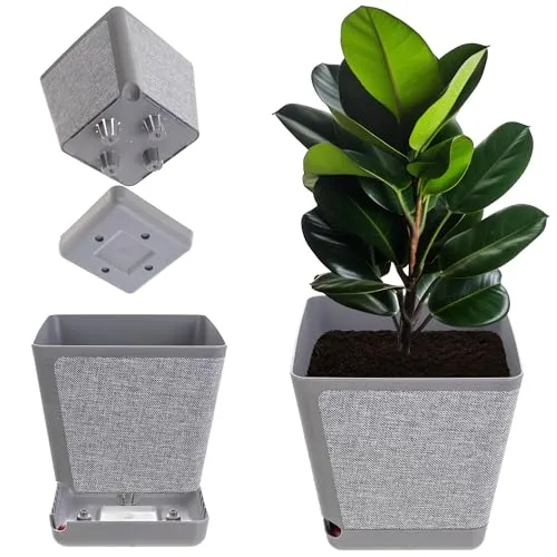 KADAX Dekorativer Übertopf, Blumentopf aus Kunststoff, Rechteckiger Pflanztopf mit Bewässerungssystem, Blumenkübel mit Selbstbewässerung und Wasserspeicher (Graue Melange 24cm)