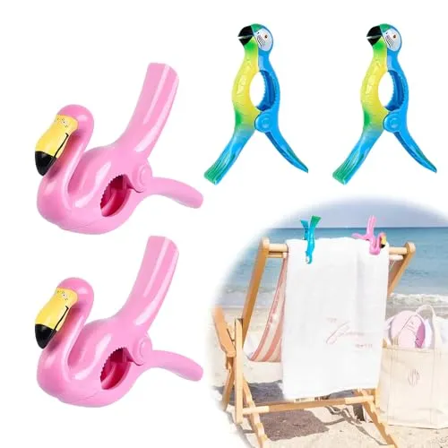 Udbrud Strandtuch Clips, 4 Stück Wäscheklammern Strandtuchklammern Strandliegen Handtuchklammern Winddichte Kunststoff Klammern Beach Slipper Clips für Strandliegen Wäsche Badetuch(Flamingos)