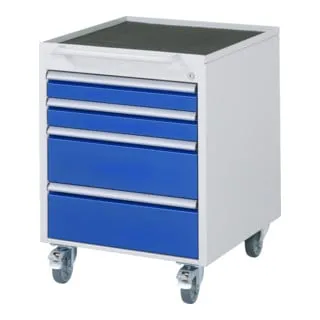 Rau Rollcontainer Serie 7000, grau/blau, abschließbar mit 4 Schüben - Roll- & Standcontainer aus pulverbeschichtetem Metall, mit abschließbaren Schüben und 90% Teilauszug für optimale Sicherheit und Nutzung im Büro.