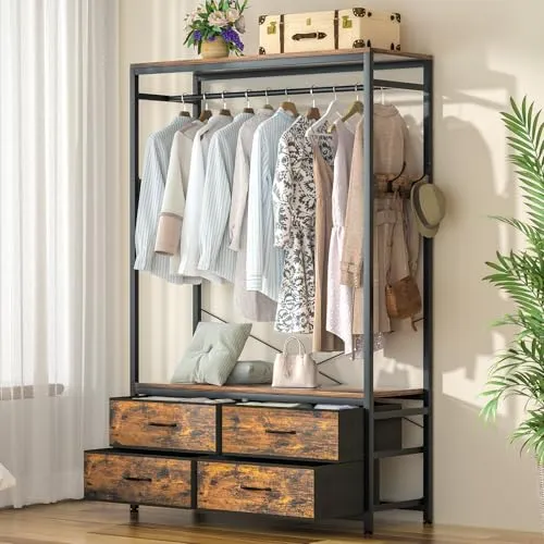 Yorbay Kleiderständer Offen Garderobenständer Kleiderschrank: Schwerlast-Garderobenorganizer mit 4 Schubladen 4 Haken und Regalen, Garderobenspeicher für Schlafzimmer und Wohnzimmer