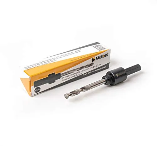 6-Kant Aufnahme 9,5mm - für Lochsägen Ø 14-30mm inkl. HSS Zentrierbohrer/Amboss Werkzeuge/geeignet für Holz, Kunststoffe, Gipskarton, Faserzement