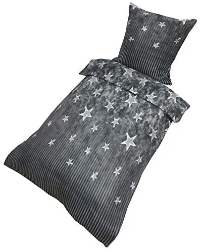 Buymax Fleece Bettwäsche 135 x 200 cm 4 teilig Plüsch Winterbettwäsche Kuschel Thermo Fleece Kopfkissenbezug 80x80 cm Cashmere Touch, Muster Sterne Star, Farbe Grau Anthrazit