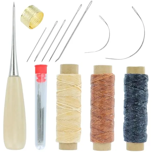 Ledernadel-Set, 3 Rollen Wachsfaden, Ledergarn, reißfest, Nähnadeln, Fingerhut, Reparatur für Polstermöbel, Teppiche, Sofas, Segelsitze und Schuhreparaturen