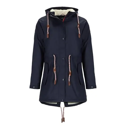 modAS Damen Regenmantel aus PU - Frauen Regenjacke gefüttert mit Teddy-Fleece Futter wasserdicht in Marine Größe 52 bis 54