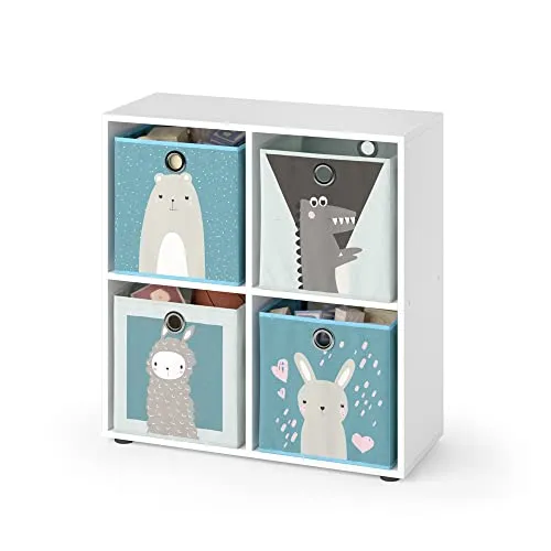 Vicco Bücherregal Tetra, Weiß, 72 x 72.6 cm mit 4 Faltboxen - Bücherschränke mit 4 praktischen Faltboxen für Spielzeug und Bücher, stilvolles Design für Ordnung im Kinderzimmer.