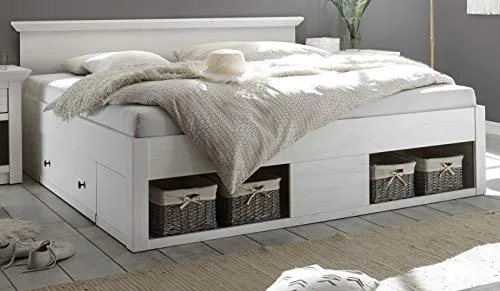 Furn.Design Bettgestell Hooge – Doppelbett in Pinie weiß gekälkt 180x200 cm