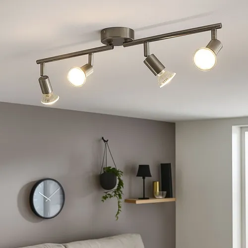 Moderne LED Deckenleuchte 4-flammig, Spotleiste in Silber - Lampen: Elegante LED-Deckenleuchte mit 4 beweglichen GU10-Spots, ideal für gezielte Lichtakzente. Inkl. 4 energiesparender 4W Leuchtmittel für warmweißes Licht.