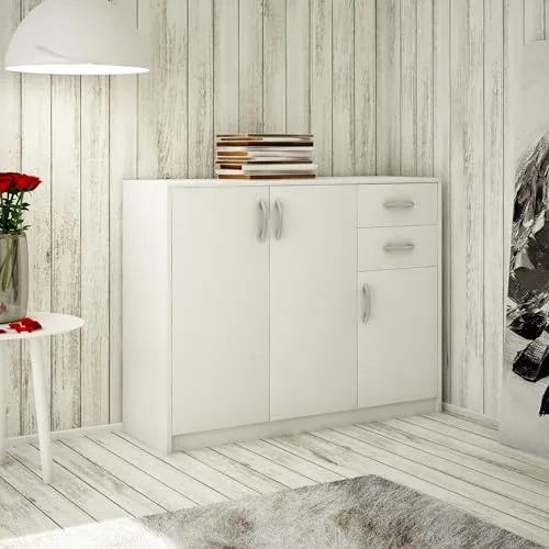 Kommode mit 2 Schubladen und 3 Türen, 110cm breit - Kommode aus 16mm laminierten Platten mit 3 Türen und 2 Schubladen für optimalen Stauraum. Hochwertige Polymergriffe und sanfte Schubladenbedienung dank Metallschienen.