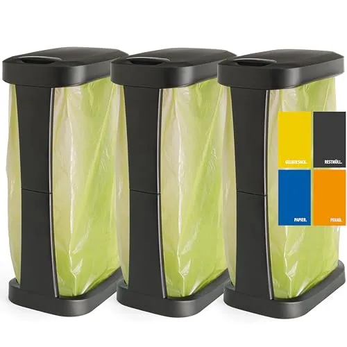 Hausfelder Müllsackständer 3er Set mit Deckel – Gelber Sack Ständer stabil, 3-fach Müllsackhalter 60l bis 120l, Camping geeignet, schwarz