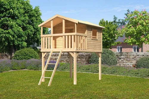 AKUBI Spielturm Unfug – Abenteuer für Kinder - Robuster Spielturm mit Fenster, Leiter und Balkon. Ideal für kreative Spielstunden im Freien. Hergestellt aus naturbelassenem Fichtenholz, bietet er Sicherheit und Spaß für Kinder ab 3 Jahren.