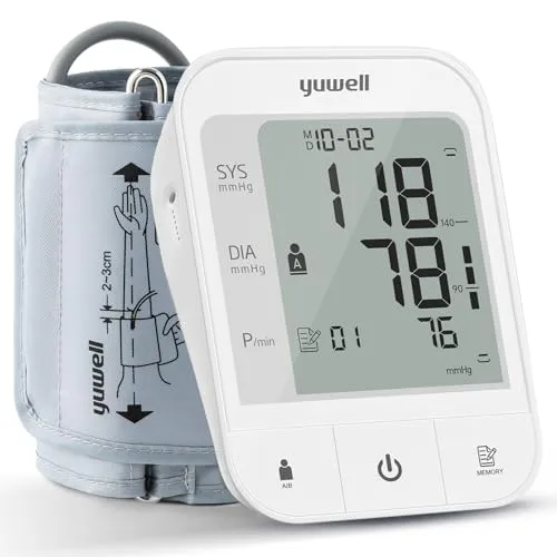 yuwell Oberarm-Blutdruckmessgerät zur Genauen Blutdruck- und Pulsmessung | 2 Benutzer, 74x2 Speicherplätze, große Manschette für 22-45 cm Oberarm, 3.8