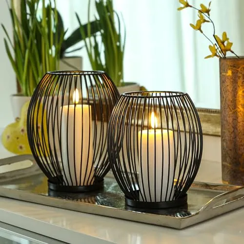 Elegantes 2er Set Kerzenhalter in Korboptik - Kerzenständer: Zeitloses Design aus schwarzem Metall, ideal für Stumpenkerzen. Perfekt für stimmungsvolle Beleuchtung in jedem Raum.