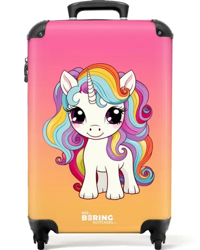 NoBoringSuitcases.com© Kinderkoffer Weiße Einhorn Illustration mit bunter Mähne 55x35x20cm, 4 Rollen, Handgepäck-Koffer, Kinderkoffer, Reisekoffer Mädchen