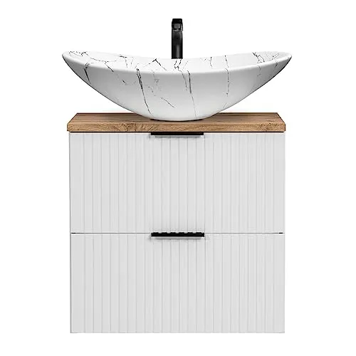 Lomadox Waschtisch 61,5cm mit Aufsatzbecken in Weiß und Eiche Nb. - Eleganter Badezimmerwaschtisch mit Soft Close-Funktion und hochwertiger MDF-Front. Die stilvolle Rillenoptik und das marmorierte Keramikwaschbecken schaffen eine harmonische Atmosphäre. FSC-zertifiziert für nachhaltige Qualität.
