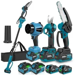 Akku-Hochentaster Akku-Gebläse Set Bürstenloses Gartenschere Kettensäge 300m/s Laubbläser mit 4× Akku, 2m Teleskopstange