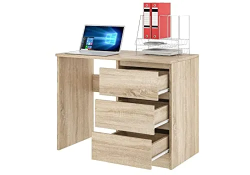 roe furniture Schreibtisch mit 3 Schubladen, Bürotisch Computertisch Klein Arbeitstisch PC-Tisch Kinderschreibtisch mit Stauraum, Moderner Schreibtisch, 90x50x76 cm (Sonoma)