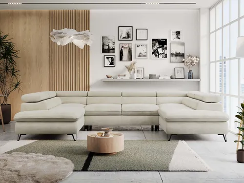 Eckcouch PETER U mit Schlaffunktion und Bettkasten - Beige Velvet - Moderne U-Form Couch mit Schlaffunktion und 2 Bettkästen, ideal für flexible Wohnräume. Hochwertiger HR-Schaum sorgt für besten Komfort und Luftzirkulation, perfekt für Allergiker.
